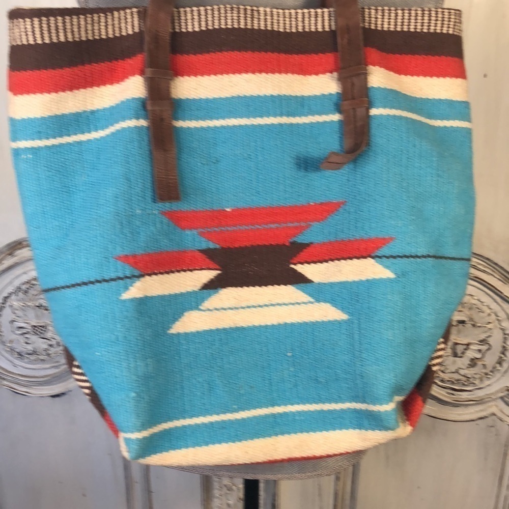 FOREVER 21 Navajo Blanket Leather Straps Turquoise and Red Tote Bag - Picture 6 of 9